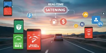 Banner com smartphones exibindo aplicativos de monitoramento de combustível e ícones de economia, com um carro em movimento ao fundo.