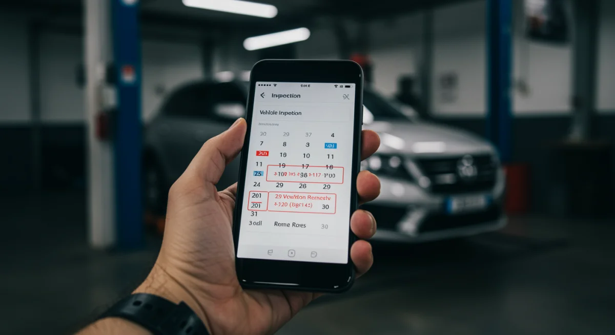 Mão segurando smartphone com calendário de agendamentos de vistoria e licenciamento de veículo.