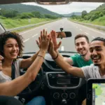 Pessoas felizes em carro moderno, dividindo carona em rodovia brasileira, simbolizando economia e sustentabilidade em 2026.