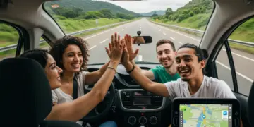 Pessoas felizes em carro moderno, dividindo carona em rodovia brasileira, simbolizando economia e sustentabilidade em 2026.