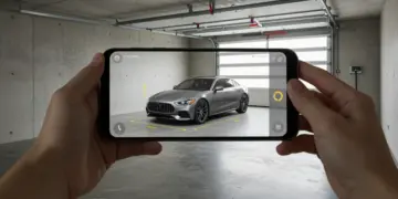 Pessoa usando smartphone para projetar um carro em realidade aumentada dentro de uma garagem, avaliando o espaço.