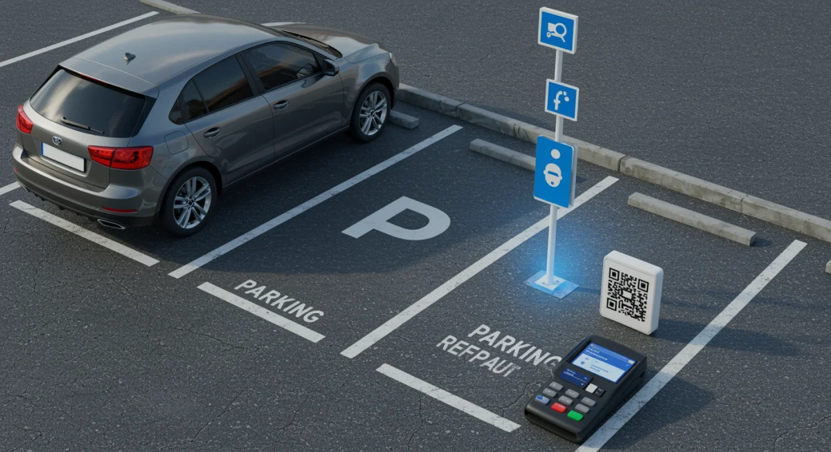 Carro estacionado em vaga com sistema de pagamento digital visível, simbolizando a praticidade de reservar e pagar estacionamento pelo aplicativo.