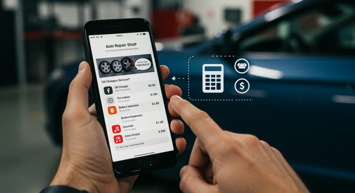 Pessoa comparando preços de serviços automotivos em um aplicativo no celular.