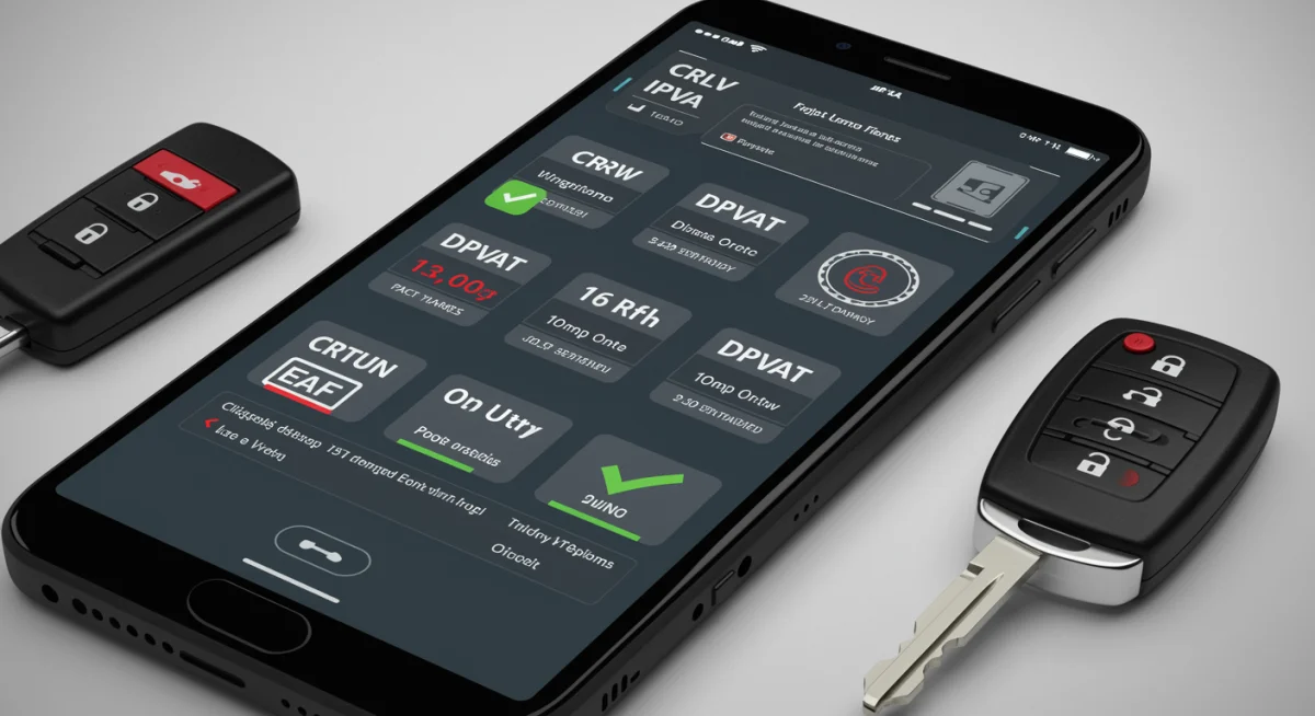 Interface digital de aplicativo mostrando documentos veiculares organizados e prazos de vencimento.