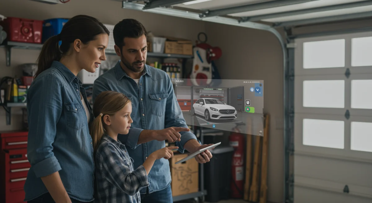 Família usando um tablet com realidade aumentada para visualizar um carro na garagem e discutir o espaço.