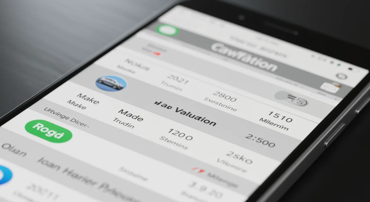 Tela de smartphone exibindo aplicativo de avaliação de carros com filtros detalhados para modelo, ano e quilometragem.