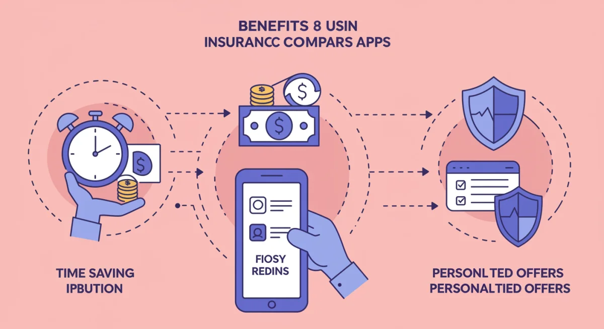 Infográfico com ícones representando economia de tempo, redução de custos e ofertas personalizadas de seguros.