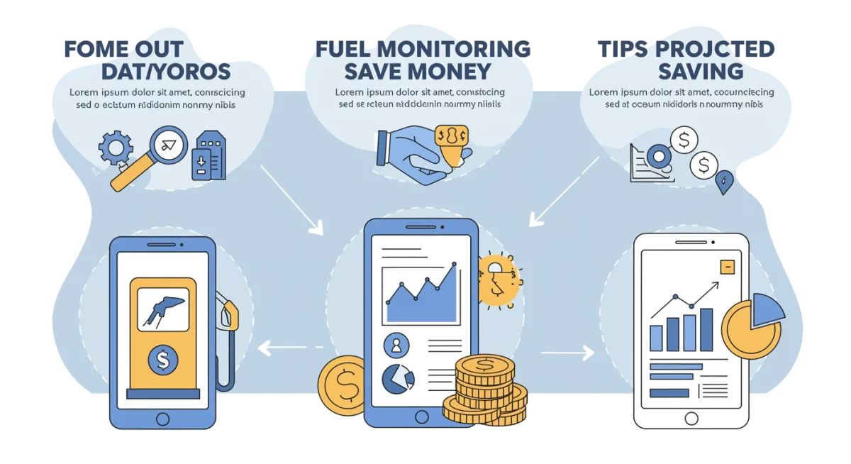 Infográfico mostrando o funcionamento de aplicativos de monitoramento de combustível, desde a entrada de dados até a economia projetada.