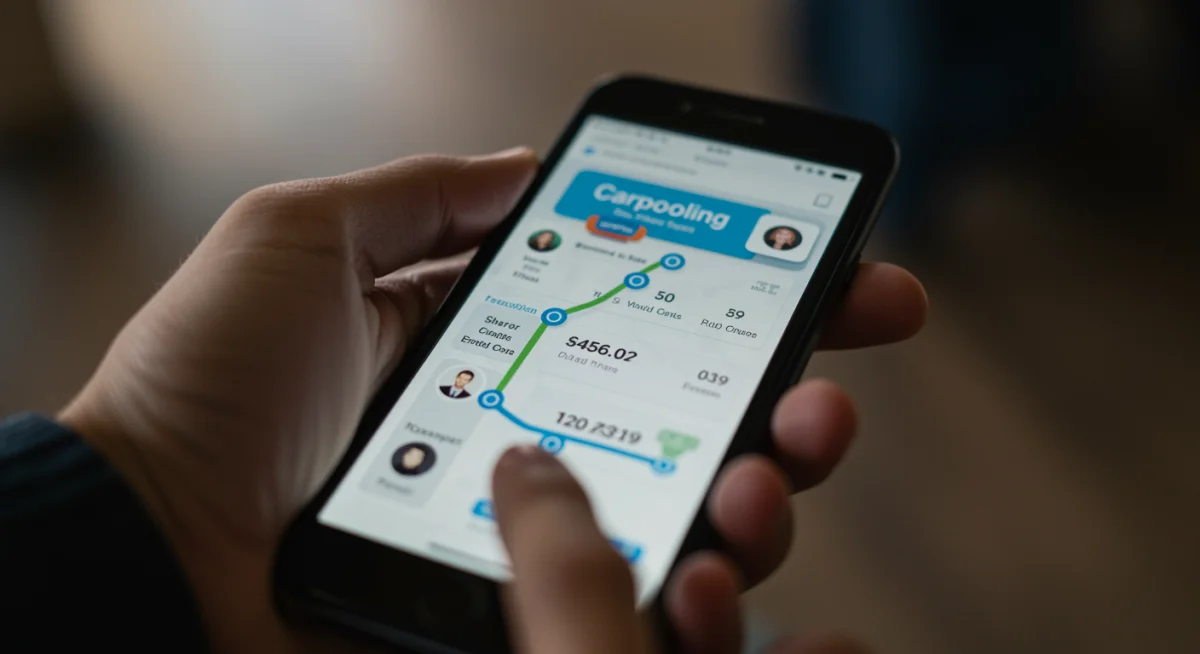 Interface de aplicativo de carona solidária em smartphone, mostrando rotas e perfis de usuários para planejamento de viagens.