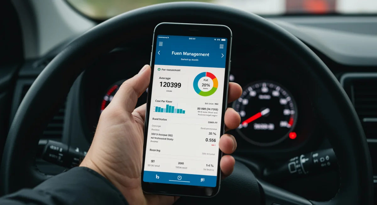 Mão segurando smartphone com aplicativo de gestão de combustível exibindo estatísticas detalhadas e painel de carro ao fundo.