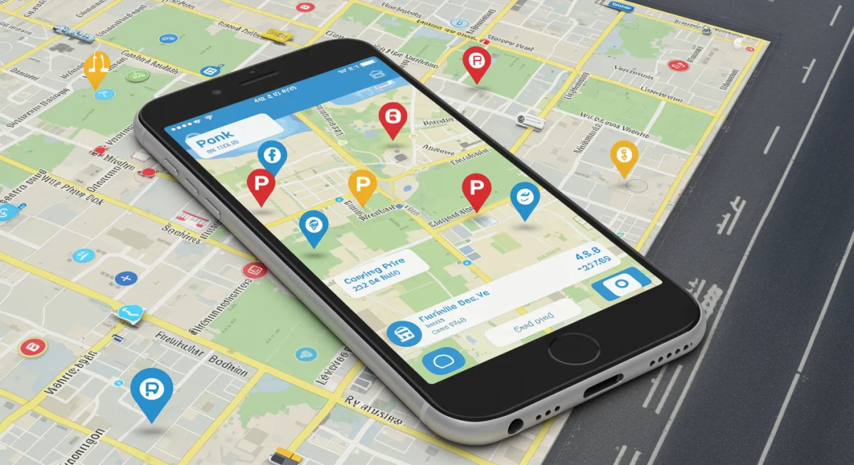 Tela de smartphone exibindo mapa de aplicativo de estacionamento com vagas disponíveis, preços e distâncias, destacando a facilidade de uso.