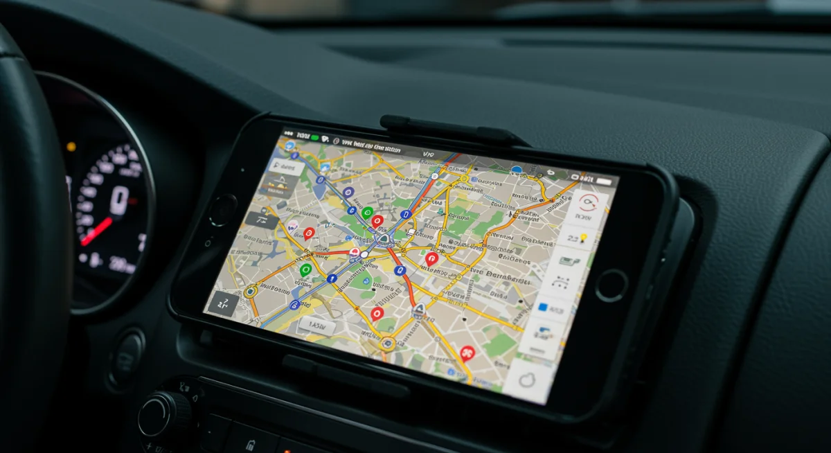 Detalhe de painel de carro com smartphone exibindo aplicativo de navegação GPS com informações de trânsito em tempo real.