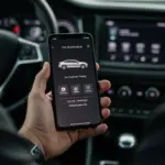 Pessoa usando aplicativo de controle de despesas do carro em um smartphone, com painel de carro moderno ao fundo.