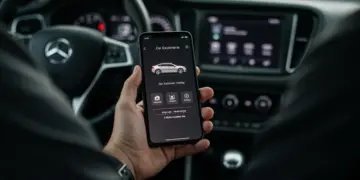Pessoa usando aplicativo de controle de despesas do carro em um smartphone, com painel de carro moderno ao fundo.