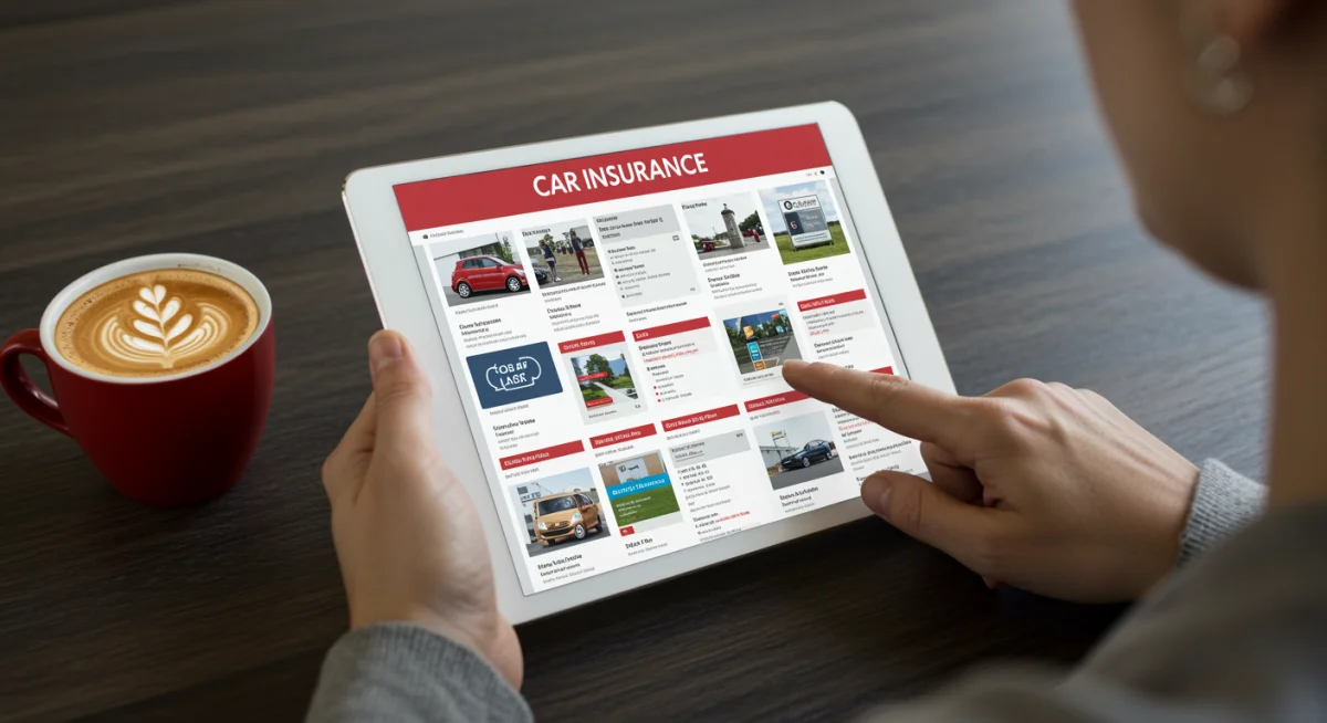 Pessoa analisando cotações de seguros automotivos em tablet, comparando detalhes de coberturas e preços.