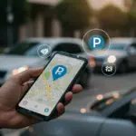 Pessoa utilizando aplicativo de estacionamento em smartphone buscando vagas em uma cidade movimentada, com foco na economia de tempo e dinheiro.