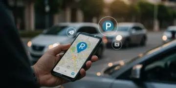 Pessoa utilizando aplicativo de estacionamento em smartphone buscando vagas em uma cidade movimentada, com foco na economia de tempo e dinheiro.