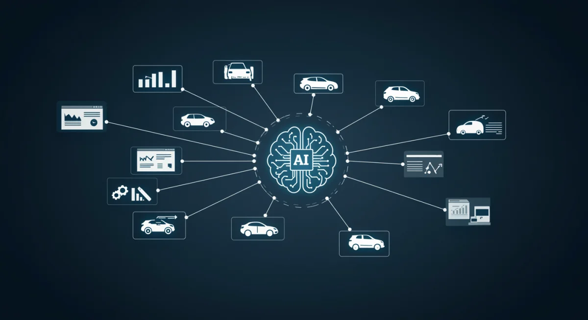 Ilustração de rede de dados conectando concessionárias e fontes de mercado para avaliação de carros, com inteligência artificial.