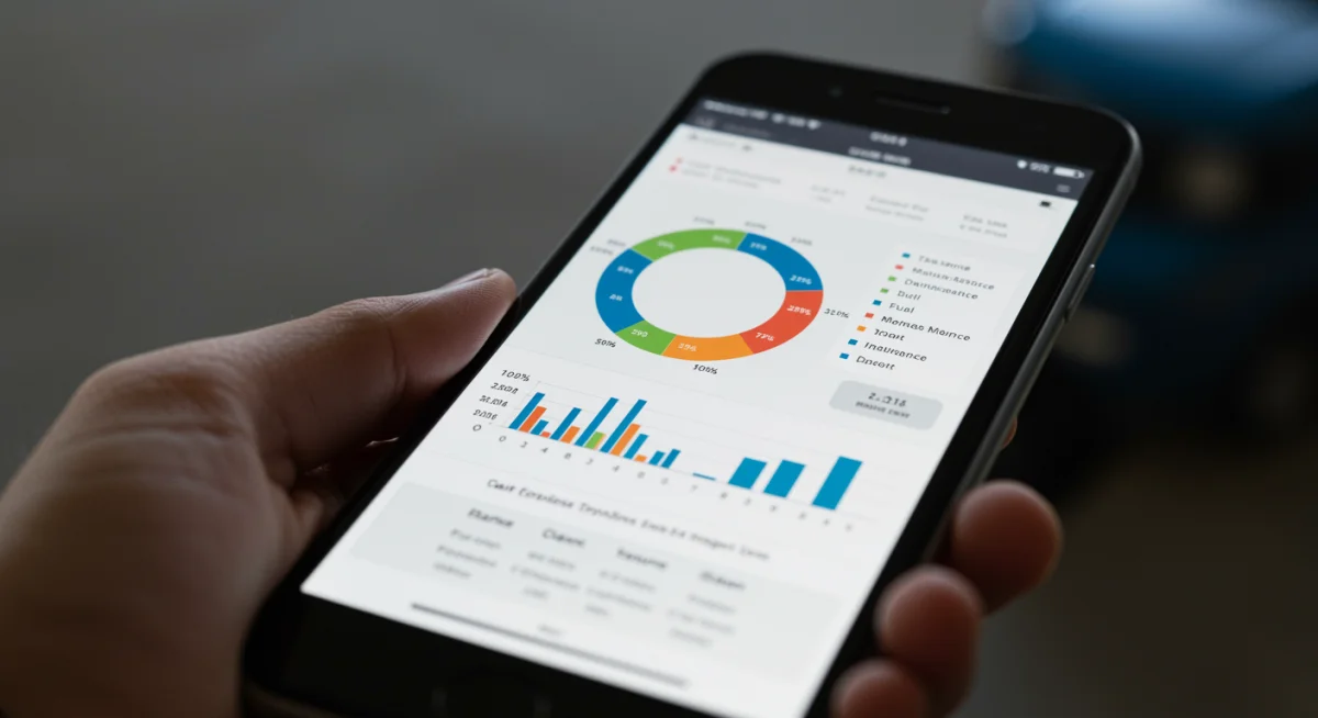 Tela de smartphone exibindo relatório financeiro detalhado de despesas de carro, com gráficos e categorias.