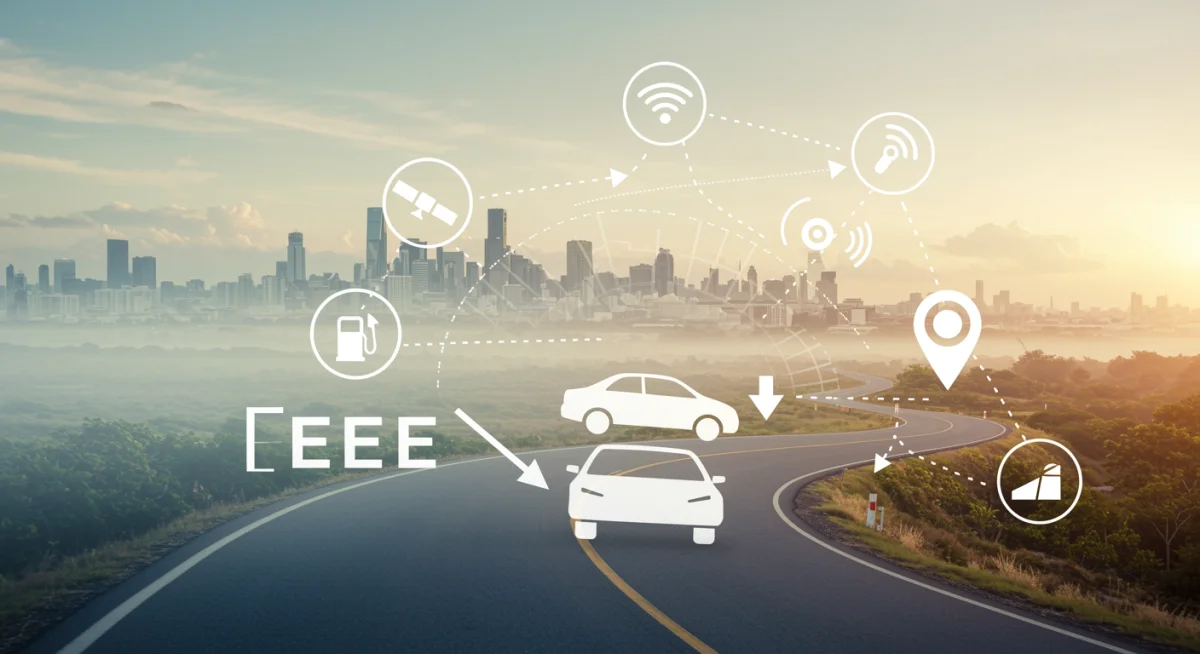 Ilustração gráfica de um carro em rota otimizada por GPS, simbolizando economia de combustível e eficiência.