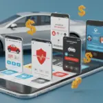 Smartphone exibindo tela de aplicativos de comparação de seguros automotivos com gráficos de economia e um carro ao fundo.