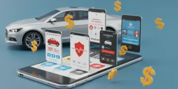 Smartphone exibindo tela de aplicativos de comparação de seguros automotivos com gráficos de economia e um carro ao fundo.
